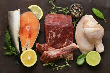 raw meat, fish and chicken healthy food