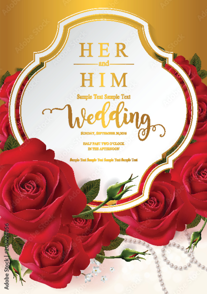 Wedding Invitation card templates with realistic of beautiful red rose ...
