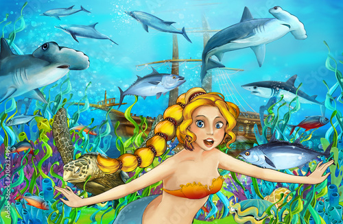 Cartoon Scene With Mermaid Diving Near Sunken Ship