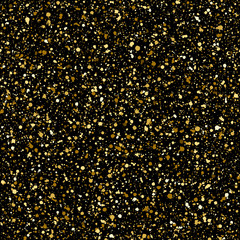 Wall Mural - Gold splash or glittering spangles seamless pattern. Hand drawn gold glitter texture. Golden blobs or uneven spots on black background endless template. Festive, birthday, party splatter background.