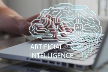 Artificial intelligence brain with view of business man or developer on background. AI, machine learning and neural network concept.