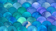 Mermaid Scales Watercolor Fish Squame Background. Bright Summer Blue Sea Pattern With Reptilian Scales Abstract