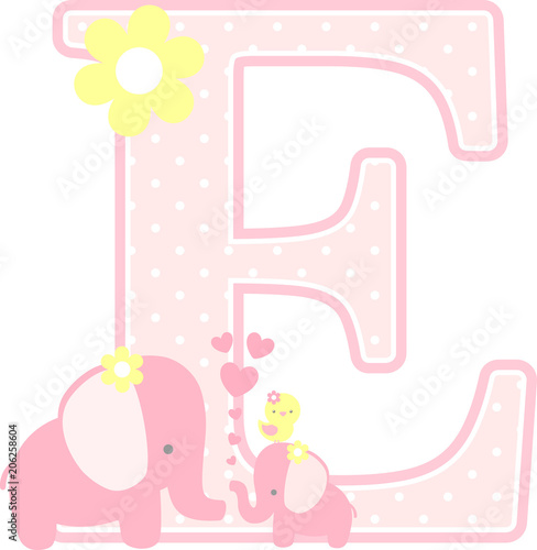 Initial E With Cute Elephant And Little Baby Isolated On Initial E With Cute Elephant And Little Baby Isolated On White Can Be Used