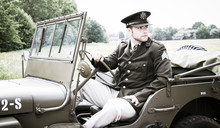 Handsome American WWII GI Army Officer In Uniform Riding Willy Jeep