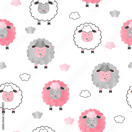 Seamless watercolor cute sheep pattern. Vector background for kids.
