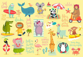 Poster - Beach Animals hand drawn style, Summer set - calligraphy and other elements.