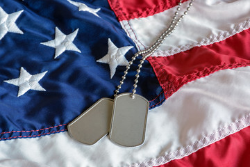 Wall Mural - military dog tags on American flag with embroidered stars
