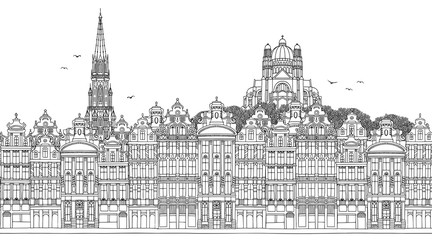 Sticker - Brussels, Belgium - Seamless banner of the city’s skyline, hand drawn black and white illustration