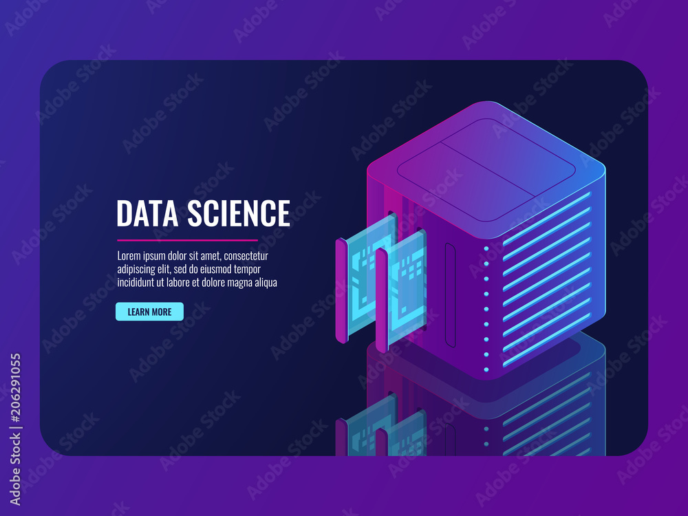 Set of server room icons, data center and database, futuristic data ...