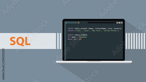 Fotomural sql structured query languages programming language with script code on laptop s