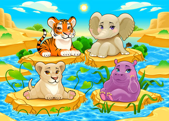 Wall Mural - Baby cute Jungle animals in a natural landscape