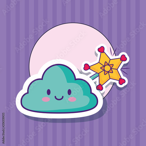 Fotografie, Obraz kawaii cloud and magic wand over purple background, colorful design