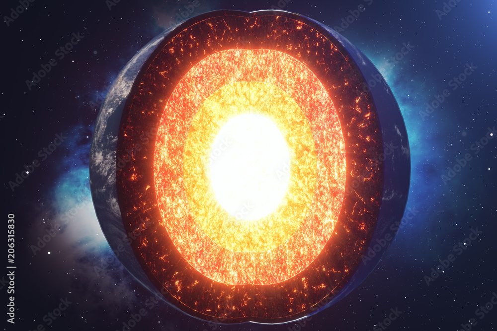 Structure core Earth. Structure layers of the earth. The structure of the earth's crust. Earth cross section in space view. Elements of this image furnished by NASA. 3D rendering.