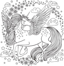 A Beautiful Unicorn With Flowers And Stars. Vector Illustration.