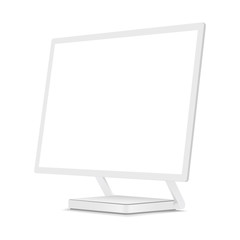 White computer monitor mockup with perspective 3/4 right view. Showcase your apps, websites, tools and other digital projects placed in realistic desktop pc. Vector illustration