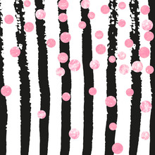 Pink Glitter Confetti With Dots On Black Stripes. Shiny Random Falling Sequins With Shimmer. Template With Pink Glitter Confetti For Party Invitation, Bridal Shower And Save The Date Invite.