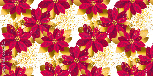 Xmas luxury gold poinsettia flowers seamless pattern