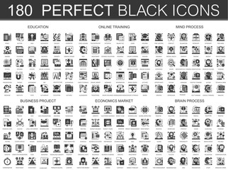 Aufkleber - 180 education, online learning, brain mind process, business project, economics market classic black mini concept icons symbols. Vector modern icon pictogram illustrations set.
