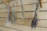 Fototapeta Lawenda - Dry bundles of medicinal plants hanging on the wall of the boards. Background, blurred