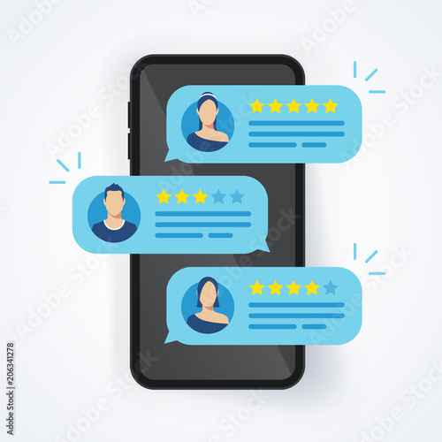 Cuadros en Lienzo Vector illustration feedback review rating stars bubble speeches on mobile phone