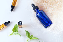 Brown And Blue Bottles Of Essential Oil With Fresh Mint