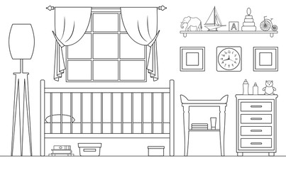 Wall Mural - Children's room in the outline style. Vector illustration. Plan of furniture arrangement. Side view. Linear interior.