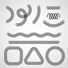 Metallic Mechanical Spring Vector Black Brush With Border And Frame Examples Isolated On White. Pressed Decorative Spiral Element. Yielding, Flexible Twisted Wire.