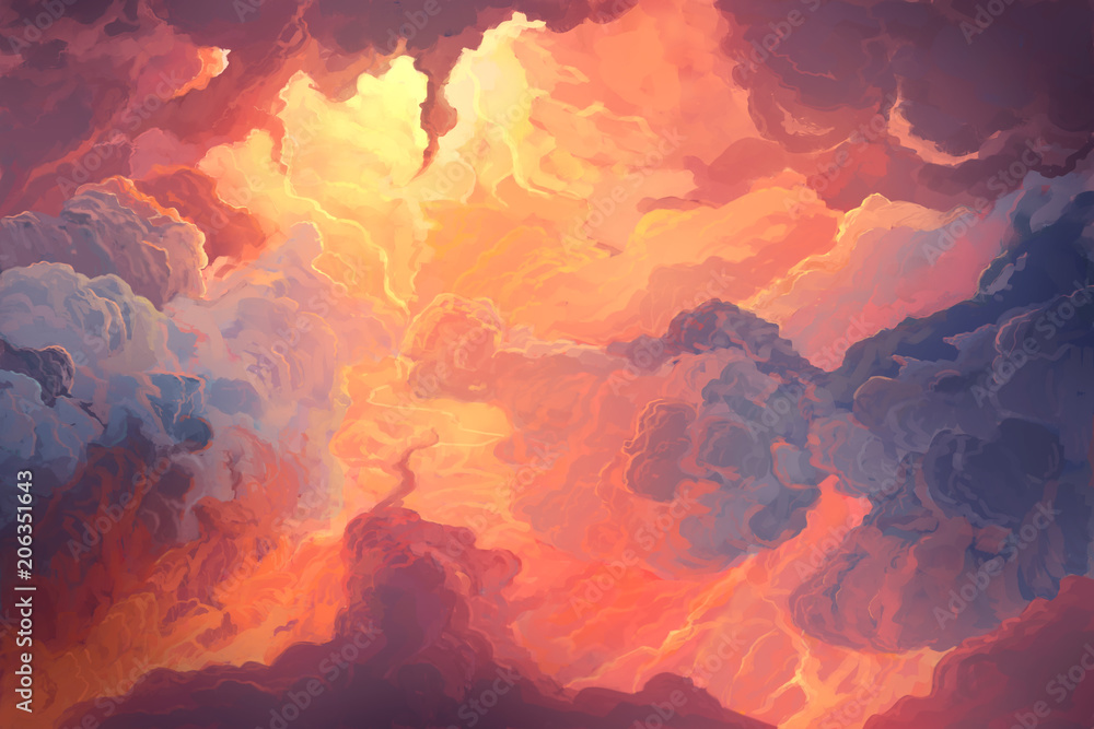 Illustration of fiery sky, sunset. Digital painting. - obrazy, fototapety, plakaty 