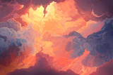 Fototapeta Zachód słońca - Illustration of fiery sky, sunset. Digital painting.