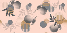 Modern Floral Pattern In A Halftone Style. Geometric Shapes, Apples And Branches On A Pink Background