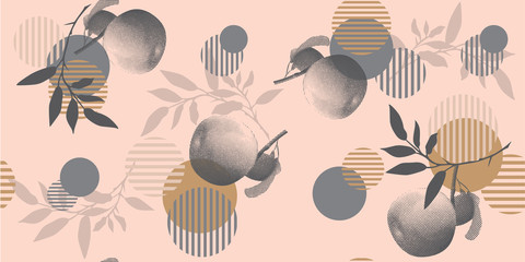 Modern floral pattern in a halftone style. Geometric shapes, apples and branches on a pink background