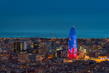 Wall Mural - Scenic aerial view of Barcelona city skyscraper and skyline at night in Barcelona, Spain.