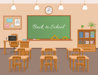 School classroom with chalkboard, student desks and teacher's workplace. School class room interior design