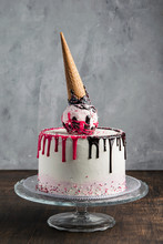 Birthday Ice Cream Cone Cake On A Gray Background. Vertical. Copy Space. Celebration Concept
