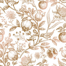 Seamless Vector Floral Pattern With Exotic Flowers And Fruits.