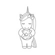 cute cartoon black and white vector illustration with unicorn eating donut