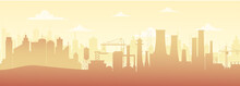 Vector Illustration Of Panoramic Industrial Silhouette Landscape With Factory Buildings And Pollution In Flat Style.