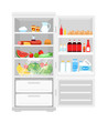 Vector illustration of modern opened refrigerator full of food. Lot of products in the fridge, fruits and vegetables, milk and eggs, healthy food in flat style.