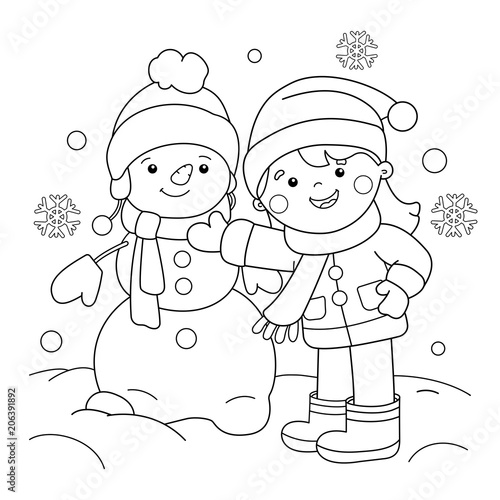 Coloring Page Outline Of cartoon girl making snowman. Winter. Coloring