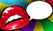 © innakos - Women's Red Lips Comics. Vector bright dynamic cartoon illustration. Pop Art style. Bla-bla. Open mouth. promotional background, presentation poster. Flat design, vector illustration.