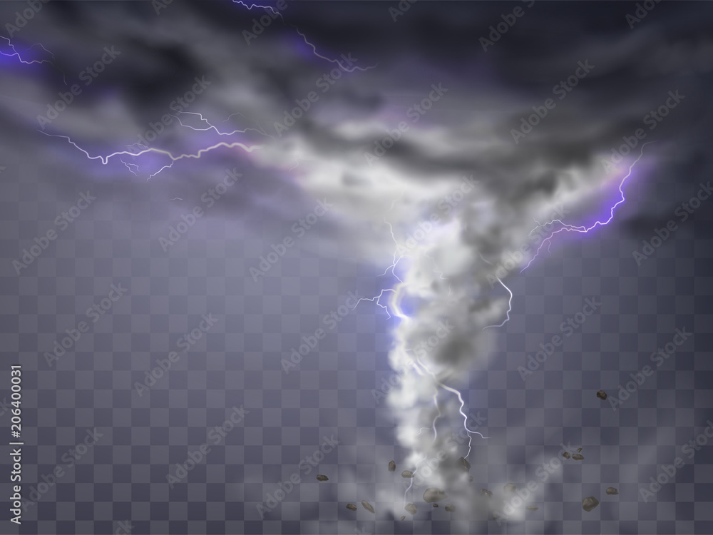 Vector realistic tornado with lightnings, destructive hurricane isolated on transparent background. Wind cyclone, twisted vortex with flashes of light and flying stones, dangerous natural disaster - obrazy, fototapety, plakaty 