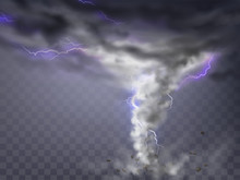 Vector Realistic Tornado With Lightnings, Destructive Hurricane Isolated On Transparent Background. Wind Cyclone, Twisted Vortex With Flashes Of Light And Flying Stones, Dangerous Natural Disaster