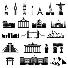 Countries Of The World Silhouette. Architecture, Monument Or Landmark Icon.