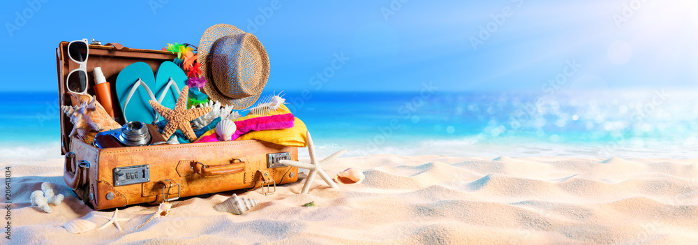 Beach Preparation - Accessories In Suitcase On Sand
 - obrazy, fototapety, plakaty 