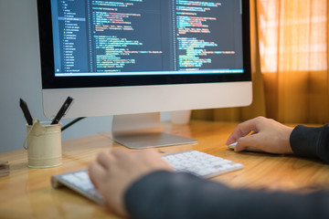 Wall Mural - close up hand of developing programming and coding technologies. programmer hand typing on keyboard.