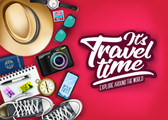 Wall Mural - it's travel time typography with realistic hat, passport, camera, phone, watch, compass and pair of 