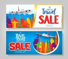 Wall Mural - colorful creative travel sale banner set with famous landmark icons around the world for advertiseme
