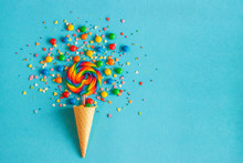 Ice Cream Cone With Colorful Lollipop And Multicolored Sweets. Concept, , Flat Lay,  Top View, Copy Space,