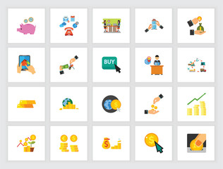 Poster - Dealing in real estate and money concept Flat icon set. Real estate business, investment, property market. Can be used for topics like finance, banking, construction