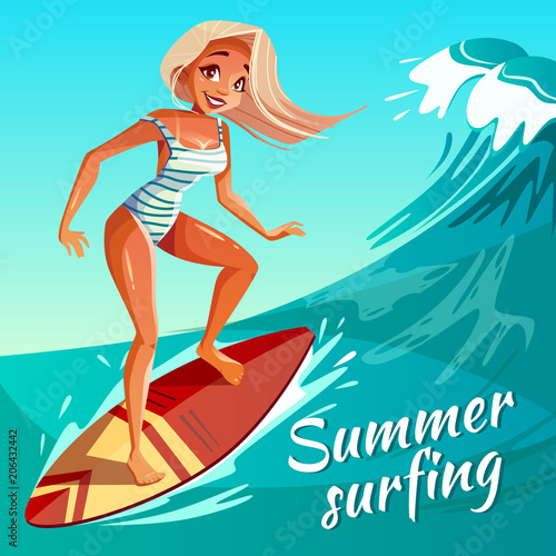 Obrazy Surfing  lato-surfing-ilustracji-wektorowych-dziewczyna-lub-mloda-kobieta-surfer-na-pokladzie-na-fal-oceanicznych-kreskowka